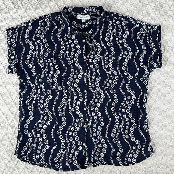 Alex & Jordan Navy Floral Hawaiian Button Front Blouse Short Sleeve Women's M - Picture 1 of 6